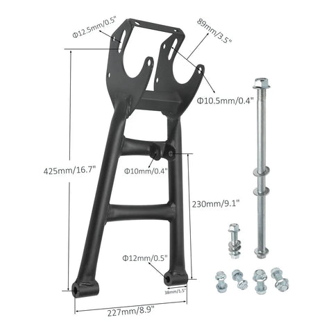 Heavy Duty Rear Axle Kit For 110cc 125cc 150cc ATVs And Go Karts With Brake Disc And 3 Stud Wheel Hubs Includes Swingarm Bracket Sprocket Brake Covers And Hardware Ready For Buggy Rebuild showing swingarm bracket and hardware dimensions
