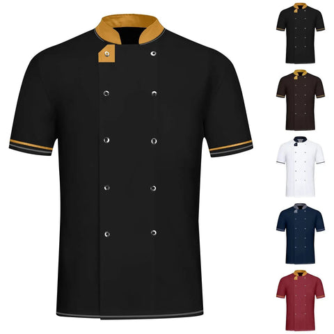 Various colors of unisex short sleeve chef coats with stand up collar for kitchen restaurant and bakery white durable lightweight poly cotton blend