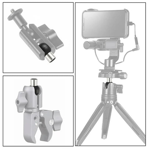 Heavy Duty 17mm Ball Head Mount With 1/4-20 Thread Aluminum Screw Adapter For Action Cameras, Smartphones, GPS Devices And Tripods, Vibration Free Stable Mount For Photo And Video, shown on tripod
