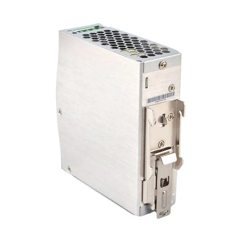 Industrial Grade DIN Rail Power Supply 120W 48V 2.5A Heavy Duty Switching Adapter with sleek aluminum casing and mounting clip.