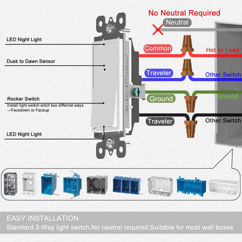 Diagram showing Three Way Light Switch With Night Light No Neutral Required No Fuss Install with wiring and installation details.