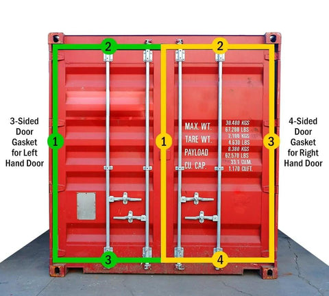 Front view: red shipping container with 2-piece rubber door gaskets, 3-sided left-hand and 4-sided right-hand.