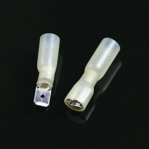 Rock-solid 100 Piece Electrical Spade Wire Connector Kit Featuring Durable Heat Shrink Male And Female Tips For All Your Wiring Jobs With Super Secure Grip. heat shrink spade connectors, male and female terminals