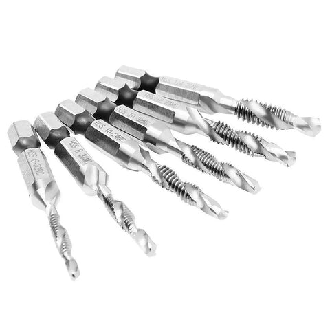 All In One Six Pack Drill And Tap Bit Set For Metal Wood And Plastic With Hex Shank Countersink Bits And Built In Taps in various sizes