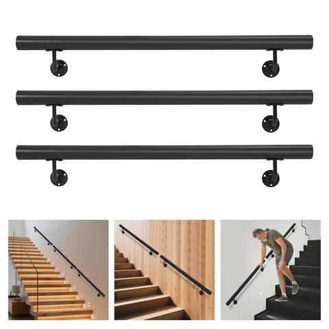 Flush Wall Mounted Stainless Steel Handrail Featuring Heavy Duty Sleek Black Cylinder With Rock Solid Grip And Knockout Antislip Coating Built Tough For Secure Stair Support And Everyday Hallway Use viewed from multiple angles, showcasing installation options.