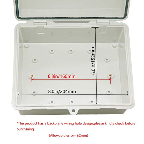Interior view of Outdoor IP65 Waterproof Heavy Duty Junction Box ABS Plastic Built Tough With Hinged Lid showing dimensions