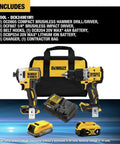 Premium 20V MAX XR Brushless 2 Tool Combo Kit with compact hammer drill, impact driver, battery, charger, and contractor bag.