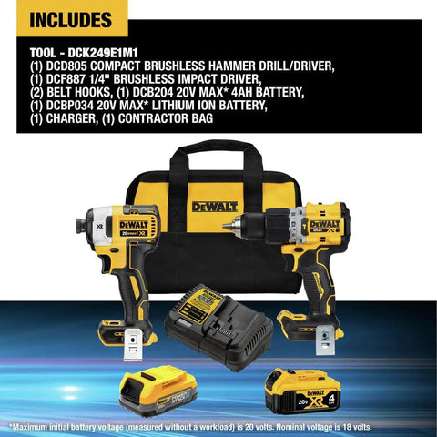 Premium 20V MAX XR Brushless 2 Tool Combo Kit with compact hammer drill, impact driver, battery, charger, and contractor bag.