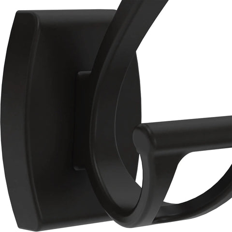 Close-up of matte black double J towel hook showing durable zinc construction and corrosion resistant finish for wall mounting.