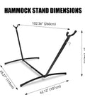 Heavy Duty Hammock Stand With 450 Lbs Capacity dimensions shown, steel frame, 102.36 inches long, 42.12 inches wide, 37 inches tall.