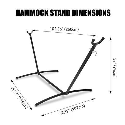 Heavy Duty Hammock Stand With 450 Lbs Capacity dimensions shown, steel frame, 102.36 inches long, 42.12 inches wide, 37 inches tall.