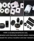 Variety of HDPE plastic parts, durable and chemically resistant, including gears and rollers, for machining and DIY projects.