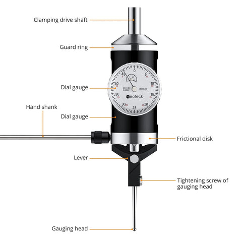 Neoteck coaxial centering dial indicator, front view; black body with white dial gauge and clamp drive shaft