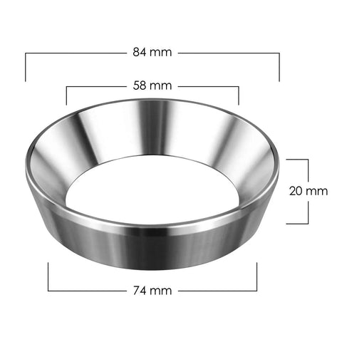 Stainless Steel Espresso Dosing Funnel For 58mm Portafilter Mess Free Coffee Dosing Ring with dimensions shown.