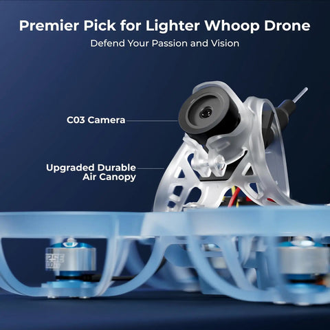 Close-up of ELRS V3 Air65 Brushless Whoop Quadcopter Ultralight 1S 65mm Tiny Micro Drone with C03 FPV Camera and air canopy.