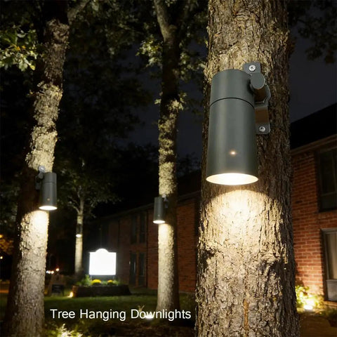 Low Voltage Outdoor Landscape Lighting For Tree Canopies And Soffits, Moonlighting Tree Hanging Down Lights With Wall Mount, Replaceable MR16 LED Bulb, Warm White Brass Finish, Durable Brass Construction