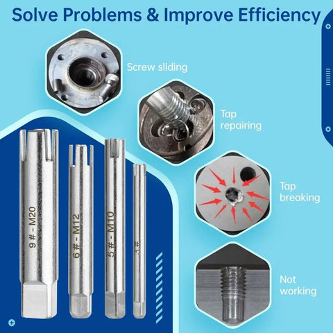 Rock Solid 10 Pc HSS Tap Extractor Set For Broken Head Screw Bolt Removal With Stripped Screw Kit Including 3 Flute And 4 Flute Grippers Plus Storage Box For Easy Garage Handyman Work, 4-piece HSS tap extractors in M20, M12, M10 sizes