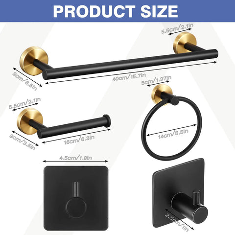 Matte Black 10 Piece Bathroom Hardware Set In SUS304 Stainless Steel Includes detailed dimensions and components