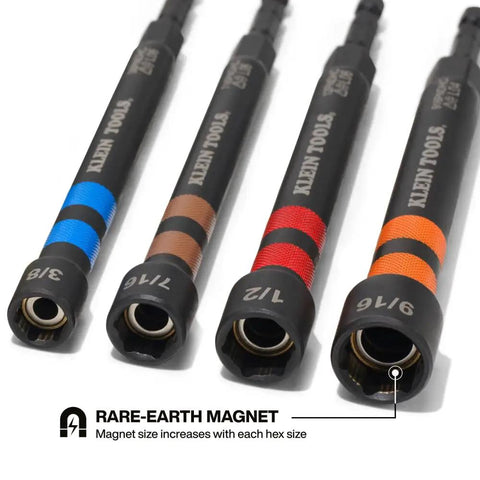 Close-up of Six Hex Size Hollow Magnetic Nut Driver Set with Extended Reach, 5 Inch Shafts, color-coded handles in various hex sizes.