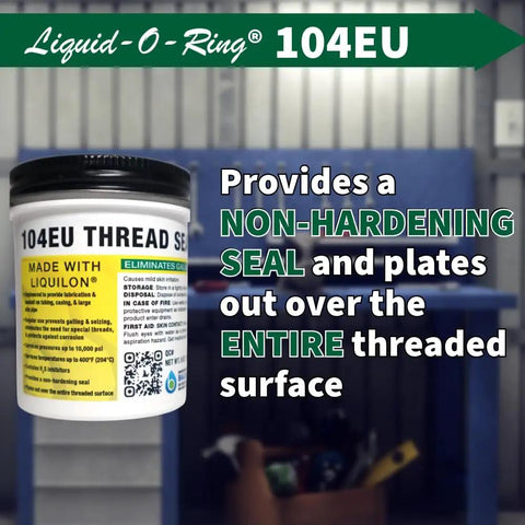 104EU Big Ol Thread Sealant For Large Threaded Connections Safe On Plastic And Metal High Pressure Water Repellent Sealant Made In The USA 5 Oz Brush Top Can shown in workshop background.