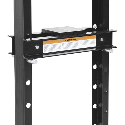 Heavy Duty Twenty Ton Hydraulic Shop Press With Adjustable Platform and Extended Lever for Easy Pumping showing steel frame and adjustable load platform.