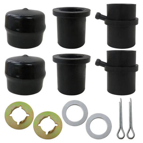 Front Wheel Bearing Rebuild Kit For Zero Turn Mowers RZT50 RZT54 RZT42 Replacement Set With All In One Bearings And Seals Includes 73604228B 7140162 7410990B Variants Easy Install For Durable Performance black bearing caps, washers, and cotter pins