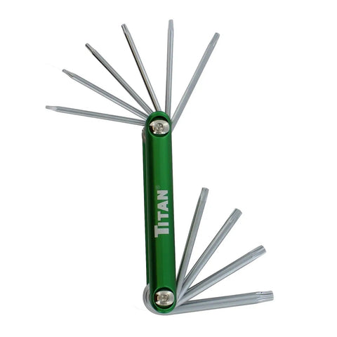 Tamper Proof Star Key Set With T6 Through T30 Security Torx Bits in foldable green aluminum holder