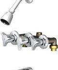 Three Valve Tub And Shower Faucet With Eight Inch Centers, Compression Valves, Metal Handles, C N I Unions, Zinc Tub Filler