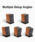 Studio Monitor Isolation Pads With High Density Acoustic Foam Tilted Desktop Speaker Stands For Your Midsize Bookshelf And Computer Speakers Prevent Vibration Adjustable Angles Fits Most Speakers Black Pair shown with multiple setup angles.