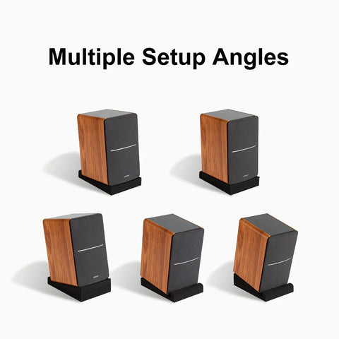 Studio Monitor Isolation Pads With High Density Acoustic Foam Tilted Desktop Speaker Stands For Your Midsize Bookshelf And Computer Speakers Prevent Vibration Adjustable Angles Fits Most Speakers Black Pair shown with multiple setup angles.