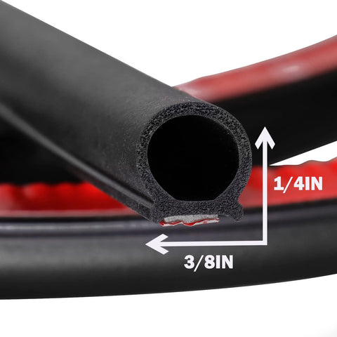 Close-up of black hollow D-shaped rubber weather strip, 3/8 in × 1/4 in, self-adhesive seal