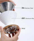 Solid 3 In 1 Metal Pour Over Coffee Dripper Gift Set With Reusable Stainless Steel Filter and 25 Basket Papers for Hassle Free Brewing, showing 304 stainless steel and wood base in hand.