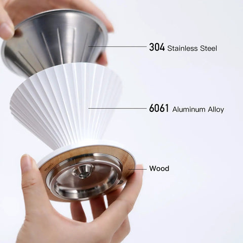 Solid 3 In 1 Metal Pour Over Coffee Dripper Gift Set With Reusable Stainless Steel Filter and 25 Basket Papers for Hassle Free Brewing, showing 304 stainless steel and wood base in hand.