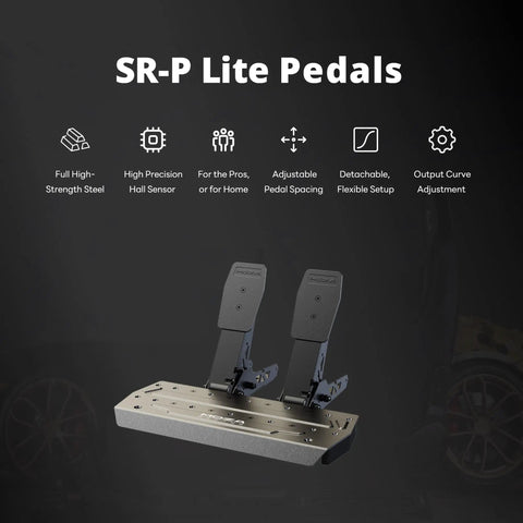 SR-P Lite Pedals with adjustable high-strength steel pedal spacing, detachable setup for R3 Direct Drive Steering Wheel And Pedals Kit.