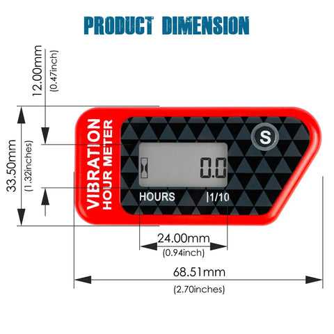 Vibration Hour Counter With LCD Display For Outdoor Power Equipment, Cordless Induction And Dual Time Recording, 3 Sensitivity Modes SEN 1 2 3 For Precise Run Time On Mowers, Generators, Trimmers, Red, 68.5mm x 33.5mm