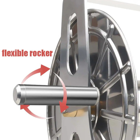 Close-up of heavy duty stainless steel garden hose reel with flexible rocker mechanism for easy operation.