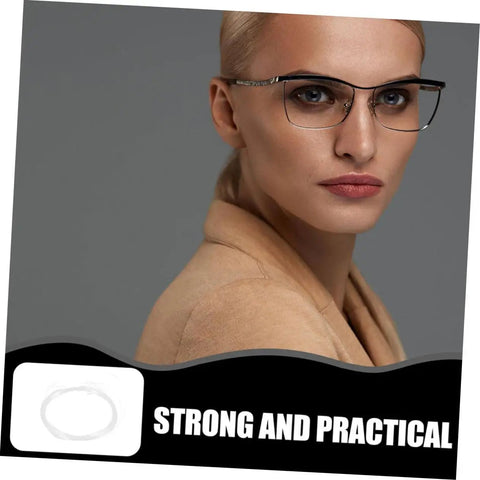 Person wearing glasses with Half Frame Glasses Thread Replacement Kit For Eyeglasses, Eyewear Repair String And Nylon Temple Tips Lanyard.