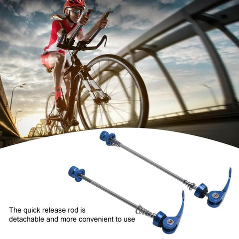 Cyclist on bridge with 2 Pack Aluminum Alloy Bicycle Quick Release Skewers For Front 100mm And Rear 135mm Axles Red Color