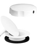 No Sweat Installation 27 Inch Cable Drive Bath Drain Trim Kit Featuring Top Shelf Brass Rotary Overflow Knob And Secure Pop Up Stopper For Stress Free Plumbing Fixes White. White bath drain components showing secure pop-up stopper and overflow knob.