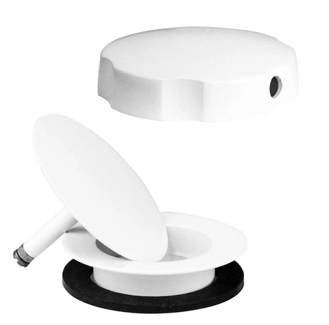 No Sweat Installation 27 Inch Cable Drive Bath Drain Trim Kit Featuring Top Shelf Brass Rotary Overflow Knob And Secure Pop Up Stopper For Stress Free Plumbing Fixes White. White bath drain components showing secure pop-up stopper and overflow knob.