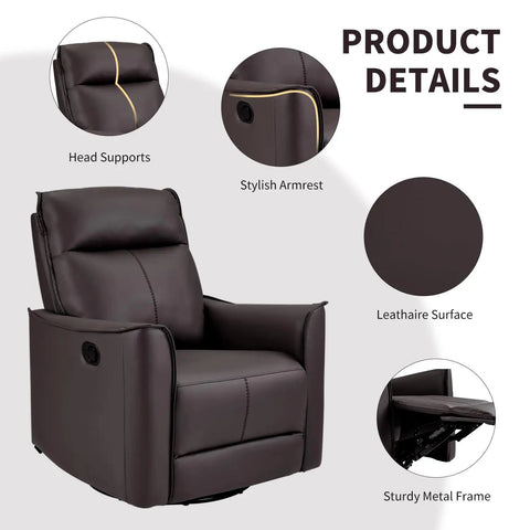 Soft Back Swivel Rocker Recliner Glider Chair For Living Room And Nursery, 360 Degree Spin With 30 Degree Glide, Leathaire Manual Reclining Sofa In Dark Brown details