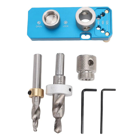 Versatile Heavy Duty Aluminum Profile Hole Punch Kit With M6 And M8 Step Drill Bits For Accurate Positioning On 20 30 40 Series Industrial Frame Structures And Machinery Installations. blue aluminum punch guide kit with M6 M8 bits, sleeve and hex keys