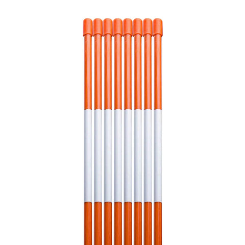 50 Pack 48 Inch Driveway Marker Set With 1/4 Inch Fiberglass Reflective Snow Stakes, orange and white poles in a row.