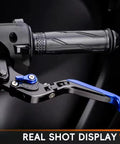 Ultimate Slick CNC Brake And Clutch Lever Kit For Yamaha Fzr400 Rr Rrsp 1988-1990 With Grippy Handlebar Knobs For Total Sweet Ride Control, black and blue lever close-up