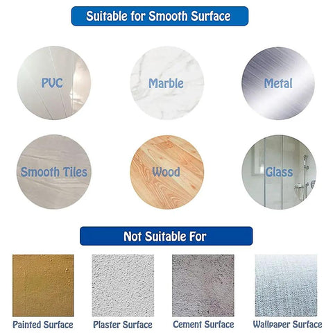 Surface compatibility chart for Gold Heavy Duty Self Adhesive Hooks 4 Pack showing PVC, marble, metal, tiles, wood, glass surfaces.