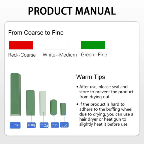 SCOTTCHEN Mini Buffing Compounds 3-Pack manual showing red coarse, white medium, green fine swatches and weight bars