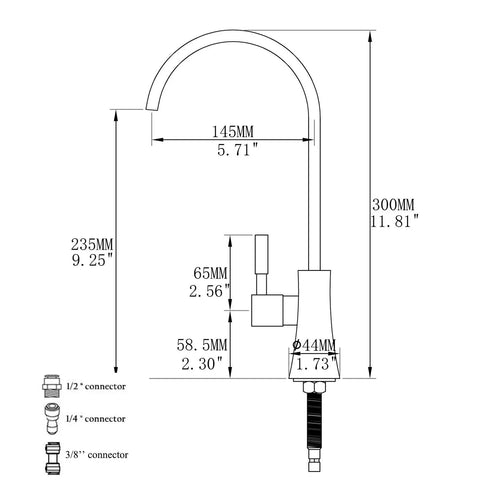 Dimensions diagram of Oil Rubbed Bronze Water Filter Faucet For Under Sink Commercial Reverse Osmosis Spigot Lead Free 304 Stainless Steel