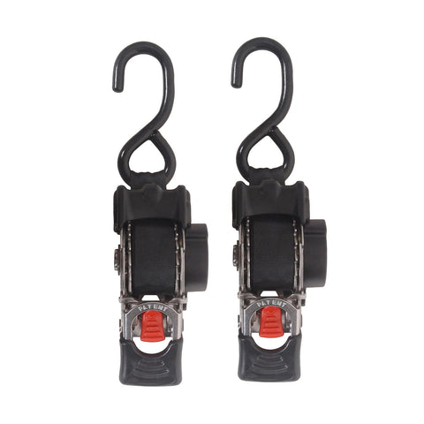 One Inch By Six Foot Bolt-On Retractable Ratcheting Tie-Down Straps With Quick Release No-Tangle Stainless Steel Auto Retract Marine Reel Transom Tie-Down Straps And S Hook For Motorcycles Boats And Trailers Pair shown with S hooks