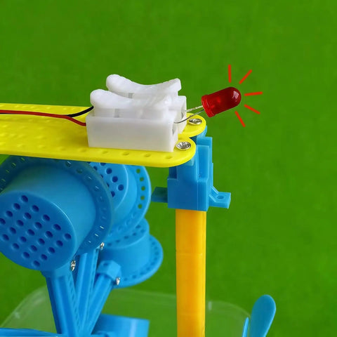 Wind Power Generator Kit For Education A Hands On Build Your Own Science Project Demonstrating Wind Energy To Electricity With A Small Motor And Easy Assembly For Real Energy Conversion Learning. Close-up red LED on ABS classroom wind kit.