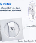 Pocket Door Lock With Key For Hidden Barn Doors, Recessed Two Sided Latch in brushed nickel, with security key in lock.